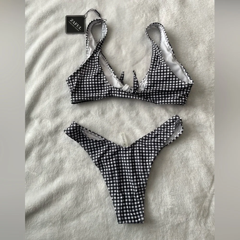 NWT Zaful Tie Front Monochrome Gingham Bikini Set size small
